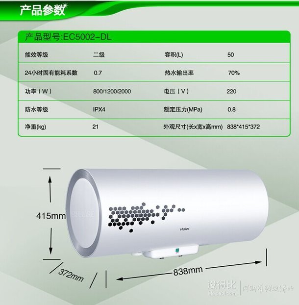 海爾（Haier）EC5002-DL60升線控電熱水器 999元
