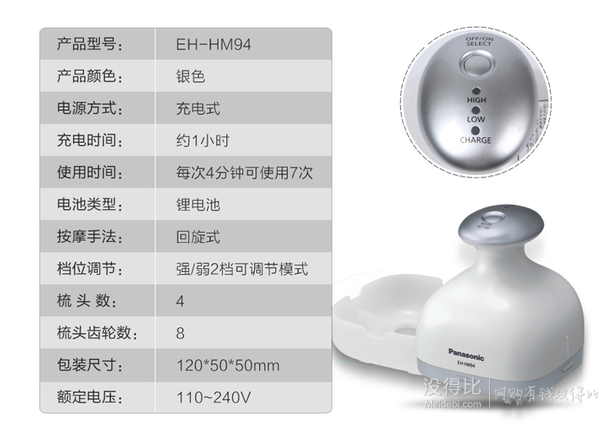 雙重優(yōu)惠！Panasonic 松下 EH-HM94-S 頭皮按摩器  289元包郵（399元，滿減+用券）