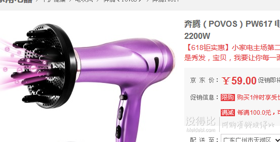 0點手機端：POVOS 奔騰 PW617 電吹風機 2200W59元