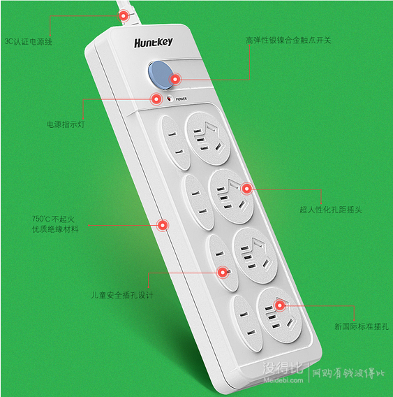 移動(dòng)端：Huntkey 航嘉 大白803 8位1.8米 排插 9.9元（19.9-10）