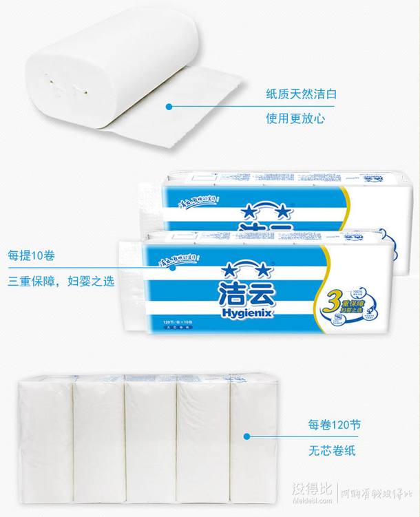 潔云 柔韌120節(jié)無芯卷筒衛(wèi)生紙（10卷紙） 9.9元