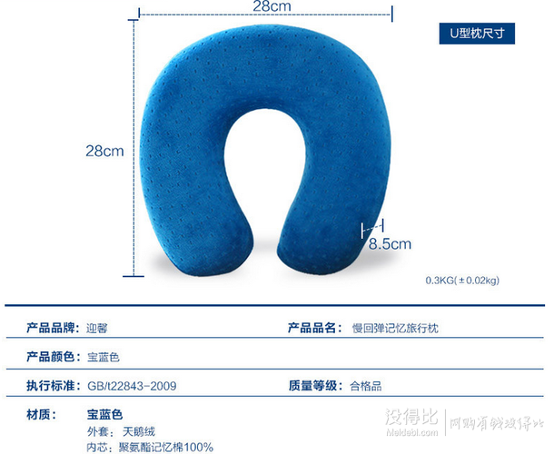 迎馨家紡 U型記憶棉慢回彈護(hù)頸枕 28*28cm 9.9元