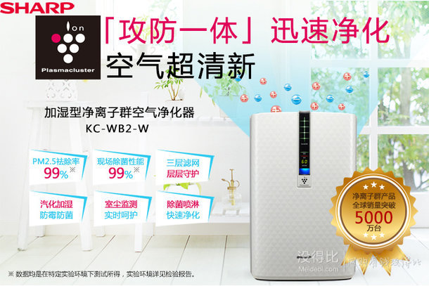 好價再來 ！SHARP 夏普 KC-WB3-W 空氣凈化器（四重濾網(wǎng)、凈離子群加濕） 1299元包郵