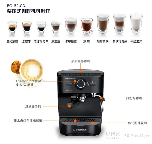 差價(jià)明顯：Electrolux 伊萊克斯 泵式蒸汽咖啡機(jī) EEA250(黑色)  811.8元包郵