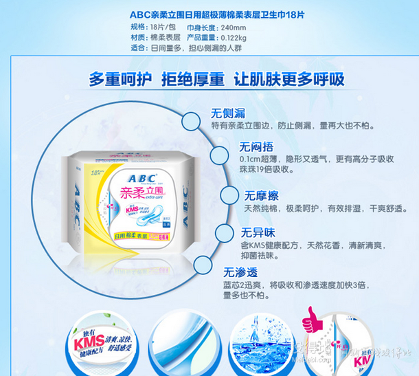 ABC 超薄棉柔 含KMS健康配方 衛(wèi)生巾 240mm*18片（日用）5元