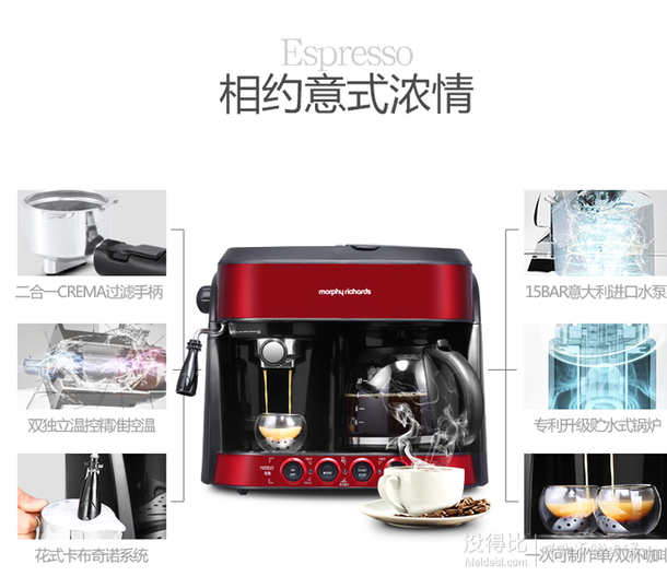 贈298元電動咖啡磨豆器！Morphyrichards摩飛  MR4625全自動意式家用美式咖啡機(jī)2合1  1200元（1380-180）