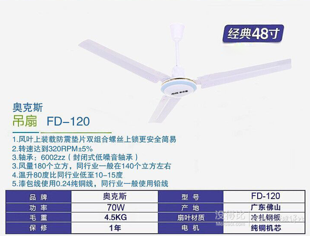 新低價！AUX 奧克斯 FD-120 電風(fēng)扇/1200mm吊扇  119元包郵