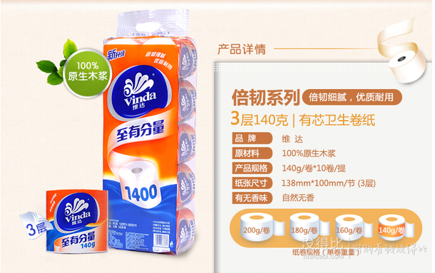 微信端：vinda 維達(dá) 3層140g卷紙  9.9元（限購(gòu)2件，可滿199-100）