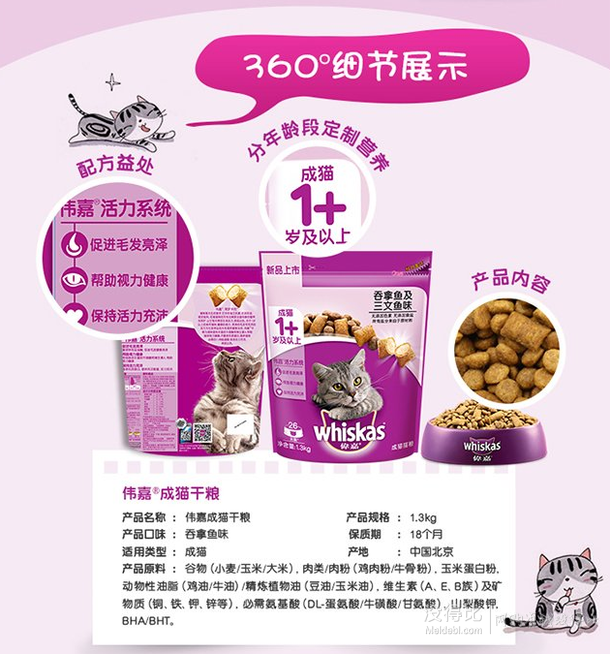拼單5折！Whiskas偉嘉成貓貓糧吞拿魚及三文魚味1.3Kg  19.5元（36.2元，滿199-100 ）