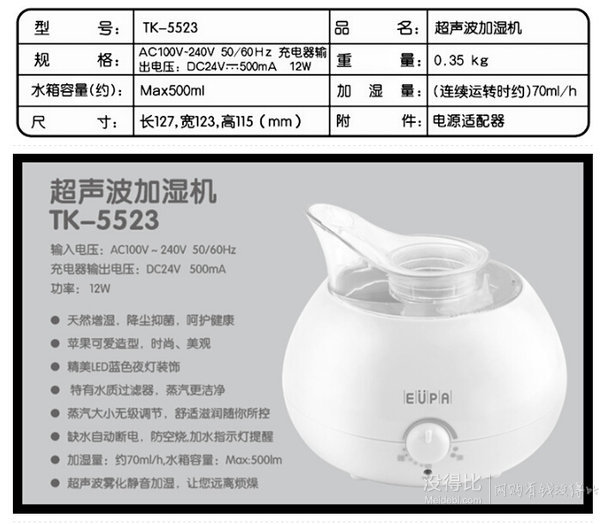 限華北！eupa燦坤 TK-5523 超聲波加濕機 500ml（白色）