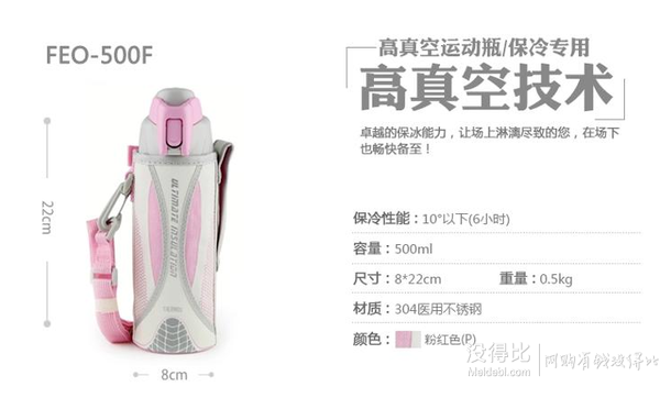 THERMOS 膳魔師高真空不銹鋼運動保冷瓶FEO-500F 粉色 500ml 159元（239-80）