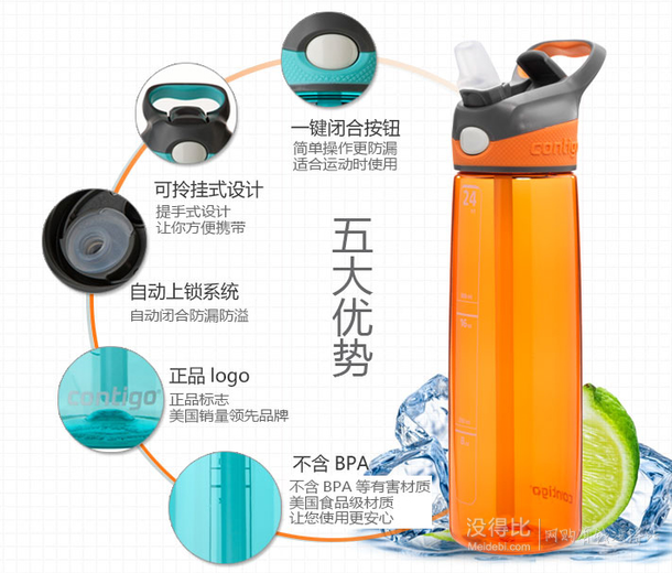 79.5元/只！contigo 康迪克 HBC-ADN030 運(yùn)動吸管杯套裝（天藍(lán)色750ml+橙色750ml）159元包郵（239-80）