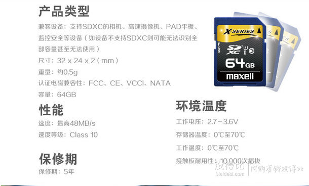 新低！Maxell 麥克賽爾 64G UHS-1 Class10 SD高速存儲卡  99元