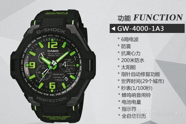 CASIO 卡西歐 G-SHOCK系列太陽能電波動(dòng)感石英男表GW-4000-1A3 1900元（2110，每300-30）