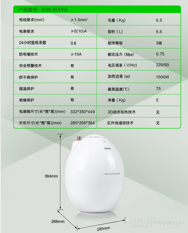 銅牌以上！Haier 海爾 ES6.6U(白)1500W速熱上出水小廚寶  389元包郵