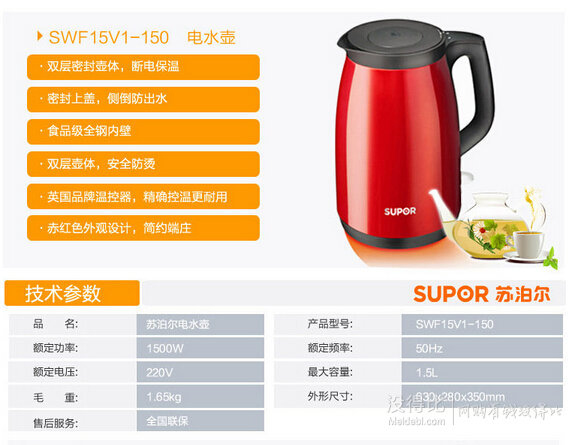 Supor 蘇泊爾 SWF15V1-150 電水壺1.5L  79元