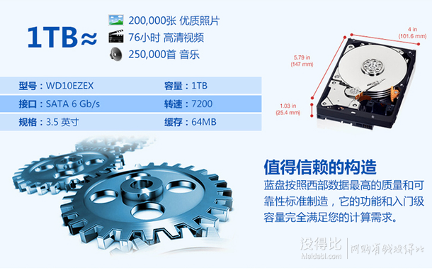 WD 西部数据 蓝盘 WD10EZEX 1TB台式机硬盘  239元（279元，用券）