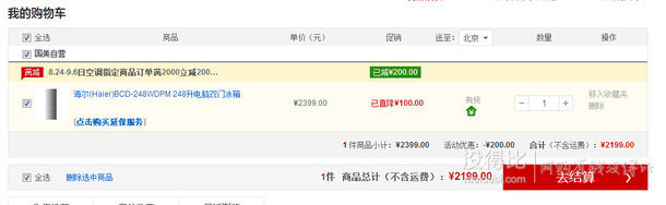 Haier 海爾 BCD-248WDPM 雙門冰箱（風(fēng)冷、248L）2199元包郵（2399，每滿1000-100）