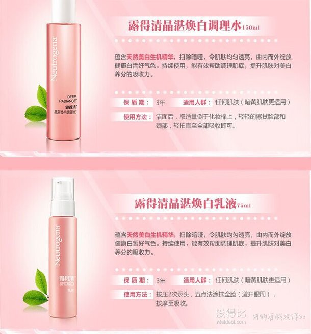 Neutrogena露得清晶湛煥白套裝（調(diào)理水150ml+乳液75ml） 29.9元