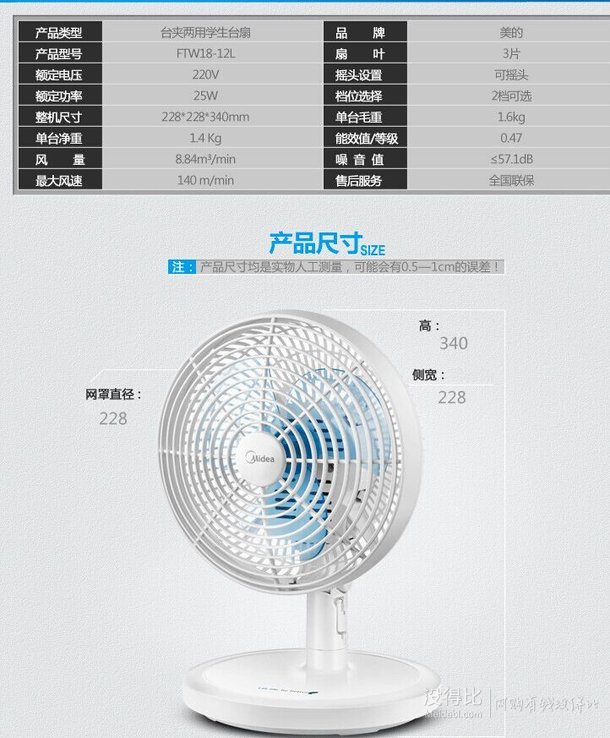 直降5折！Midea 美的 FTW18-12L  臺夾兩用扇  49元