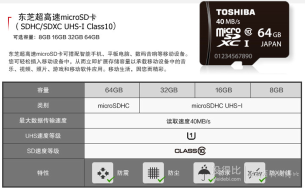 TOSHIBA 東芝  64G Class10-40MB/s microSDXC存儲卡  99元