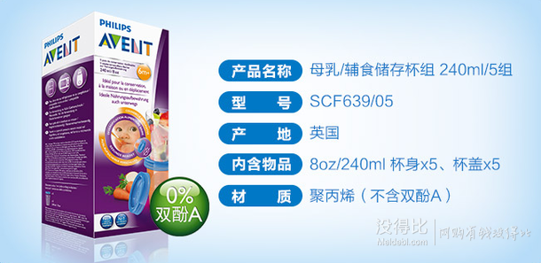 雙重優(yōu)惠！AVENT飛利浦 新安怡SCF639/05母乳/嬰兒輔食儲(chǔ)存杯組240ml   44.27元（68元，3件7折疊加100-10）