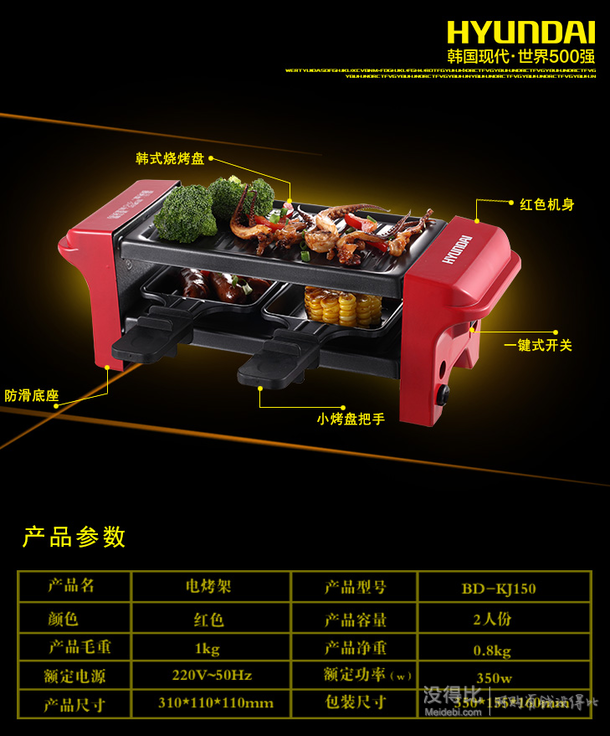HYUNDAI 現(xiàn)代   BD-KJ150 韓式迷你家用無煙雙層烤肉機+湊單品  92.05元（99元，2件88折）