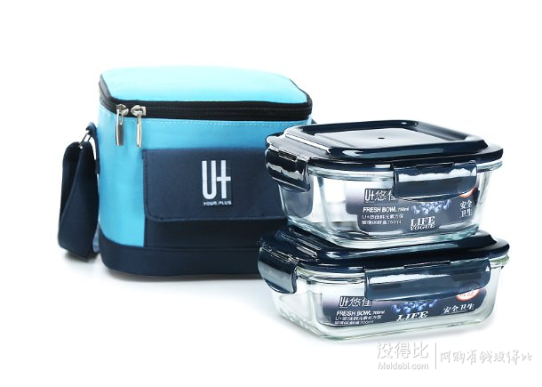 U+ 悠佳 韓元素藍色耐熱玻璃飯盒2套裝750+700ml送精致包包 45元