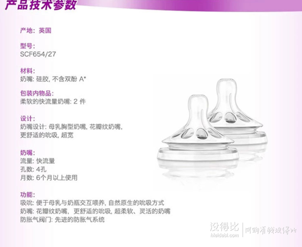 PHILIPS 飛利浦 AVENT 新安怡 SCF654/27  寬口徑硅膠奶嘴 4孔對(duì)裝34.5元
