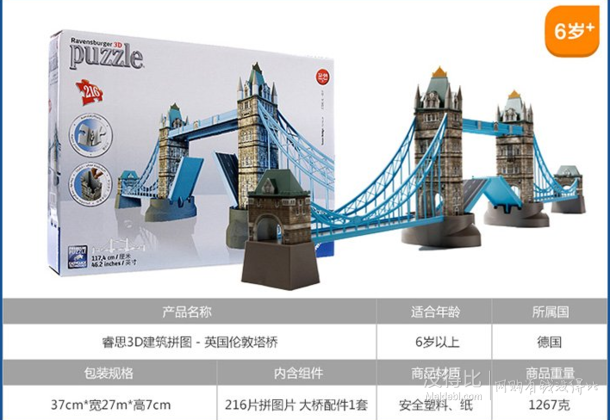 Ravensburger 睿思 R125593 英國倫敦塔橋 3D建筑拼圖+湊單品 190.62元包郵（400.62元，雙重優(yōu)惠）