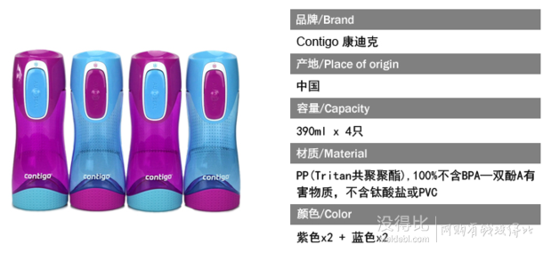 CONTIGO 康迪克 兒童戶外水杯4只裝（紫色2只+藍(lán)色2只） 390MLx4  99元