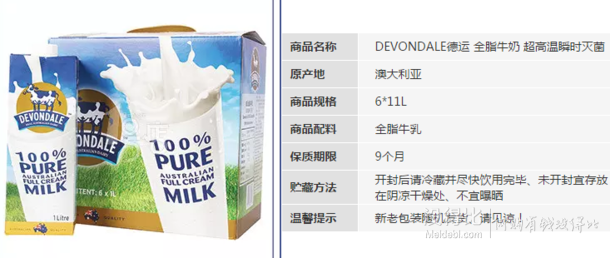 華南有貨：DEVONDALE 德運(yùn) 全脂牛奶 純牛奶 1Lx6盒 49元