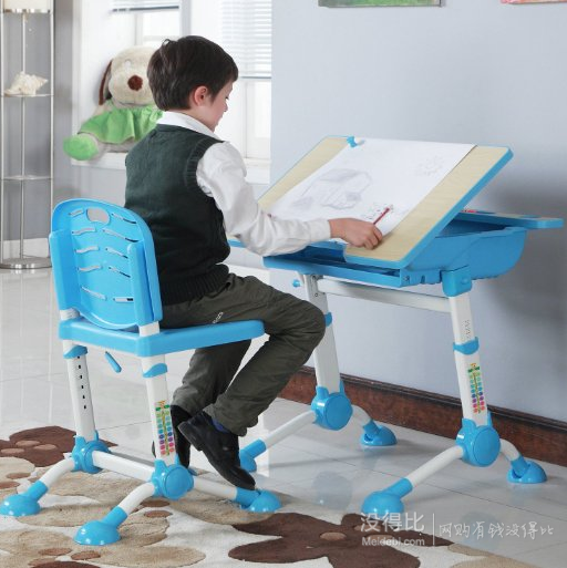 心家宜 儿童可升降学习桌椅组合套装 送桌上书架 2色