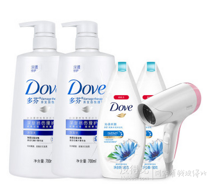 套裝好價！DOVE多芬 深度損傷理護洗發(fā)乳700mlX2+沐浴乳190mlX2+奔騰迷你便攜吹風機  79元