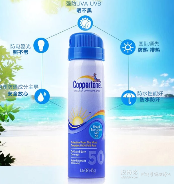 防晒必备!coppertone 水宝宝 超透气便携防晒喷雾 spf50 45g*4瓶 100.