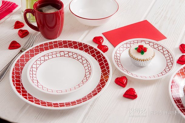 中亚Prime会员： Corelle 康宁餐具 Crimson Trellis 深红色格子系列 陶瓷餐具套装 16件套     