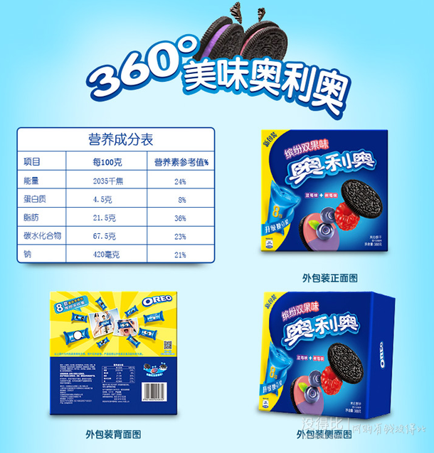 奥利奥缤纷双果味夹心饼干蓝莓味 树莓味388g 11.95元(23.9元,2件5折)