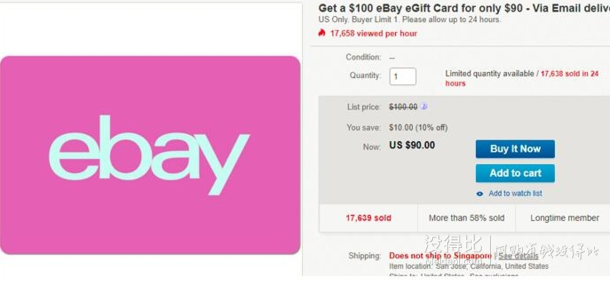 ebay egift card礼品卡面值$100 售价$90美金,email发送