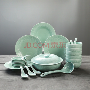 苏氏陶瓷 SUSHI CERAMICS 青瓷套装餐具花开富贵25头陶瓷盘碗礼盒装158元