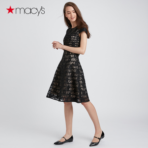Macy's Alfani 女士新款性感蕾丝圆领短袖条纹连衣裙 两色可选