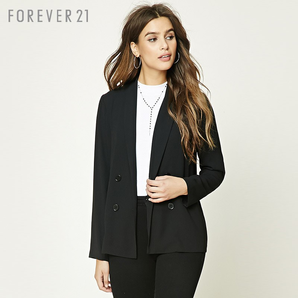Forever21 基本款时尚通勤OL风纯色双排扣中长款西装外套