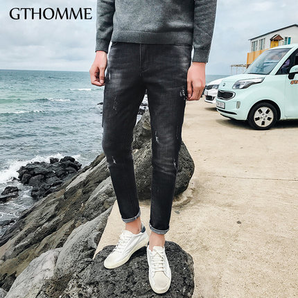  gthomme GA02 男士破洞九分褲修身小腳褲