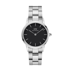 張藝興同款 DANIEL WELLINGTON/丹尼爾惠靈頓 女士黑盤銀鋼帶簡約時尚腕表 32MM (支持3天無理由退換貨) 包郵包稅