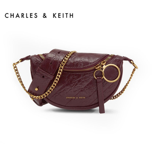 一般貿(mào)易 CHARLES&KEITH 小CK 圓環(huán)飾褶皺腰包葡萄酒紅色單肩包CK2-80150844R 包郵