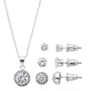 Macy's 梅西自有品牌 Fine Silver Plate Cubic Zirconia 合成鋯石項(xiàng)鏈+耳釘套裝