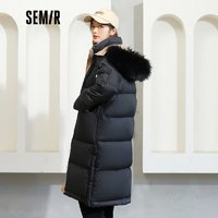 Semir 森馬 羽絨服女中長(zhǎng)款冬季寬松保暖外套工裝風(fēng)亮面 A款大毛領(lǐng)撞色-黑色9000 160/84A/M