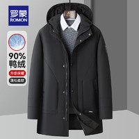 ROMON 羅蒙 男士中長款連帽保暖休閑羽絨服2024秋冬新款時尚百搭極寒外套 黑色