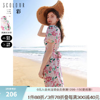 3COLOUR 三彩 2023夏季新款小清新碎花連衣裙圍裹式系帶收腰A字裙度假風(fēng) 紅黃 155/80A/S