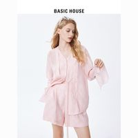 BASICHOUSE 百家好 Basic House/百家好國(guó)風(fēng)溫柔V領(lǐng)襯衫女2024春季純色短褲套裝