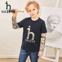 HAZZYS 哈吉斯 品牌童裝男童圓領衫春彈力復古拼接簡約經(jīng)典圓領衫 藏藍 120